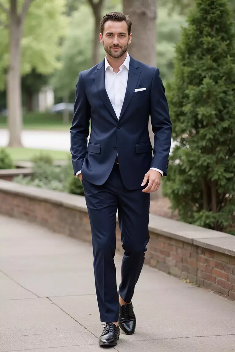 Navy Suit, White Dress Shirt, Black Oxfords A professional photo, similar to a photo in a wedding magazine, of a man wearing a crisp navy suit with white dress shirt, black oxford shoes, standing confidently at an outdoor wedding venue.