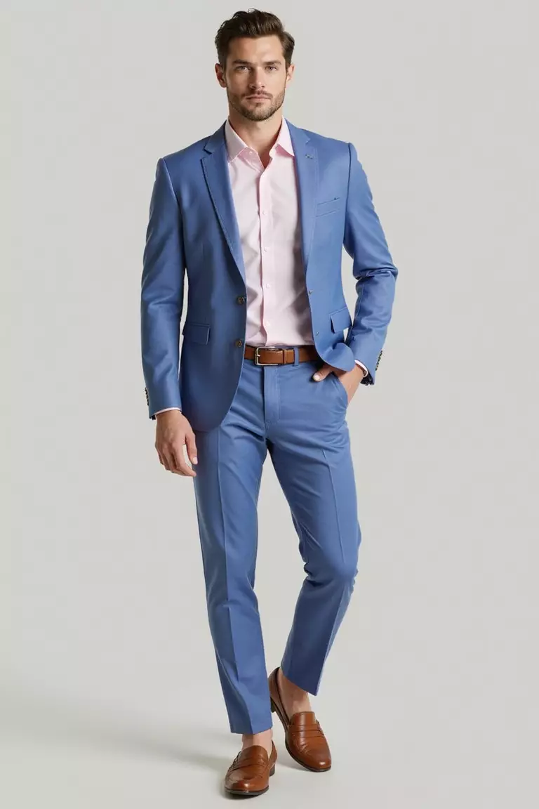 Powder Blue Suit, Pale Pink Shirt, No Tie, Tan Loafers A professional photo, similar to a photo in a wedding magazine, of a man wearing a powder blue suit, pale pink button-up shirt with open collar, and tan penny loafers.