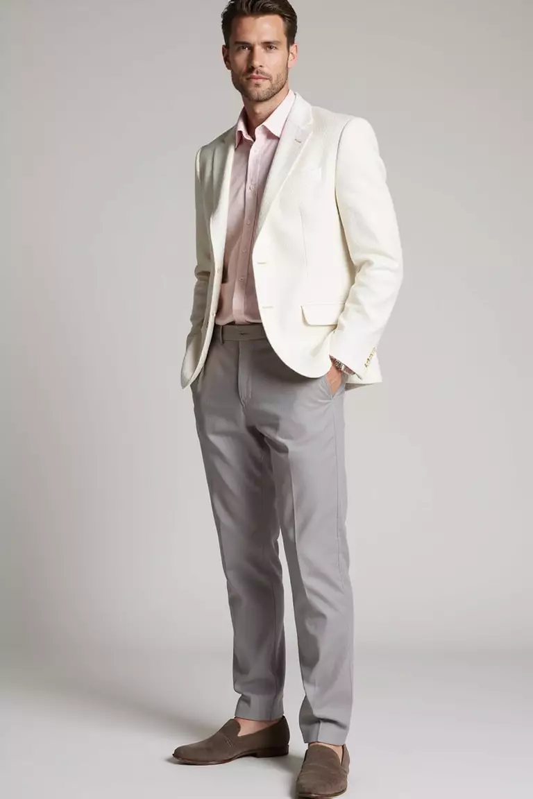 White Linen Blazer, Light Grey Trousers, Blush Pink Shirt, Taupe Loafers A professional photo, similar to a photo in a wedding magazine, of a man wearing a textured white linen blazer, light grey trousers, blush pink button-up shirt, and taupe suede loafers.