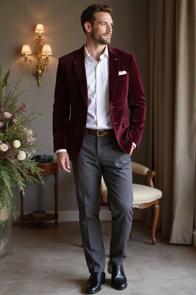 Burgundy Blazer, Soft White Shirt, Charcoal Pants, Black Dress Shoes A professional photo, similar to a photo in a wedding magazine, of a man wearing a rich burgundy blazer, soft white dress shirt, tailored charcoal pants, polished black leather dress shoes, standing near elegant wedding decor.