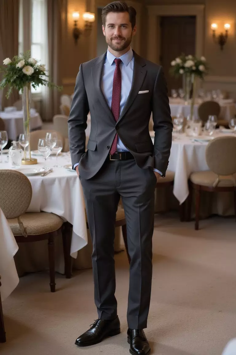 Charcoal Suit, Pale Blue Shirt, Burgundy Tie, Black Derbies A professional photo, similar to a photo in a wedding magazine, of a man wearing a fitted charcoal suit, pale blue dress shirt, burgundy silk tie, polished black derby shoes, standing by elegant wedding reception tables.