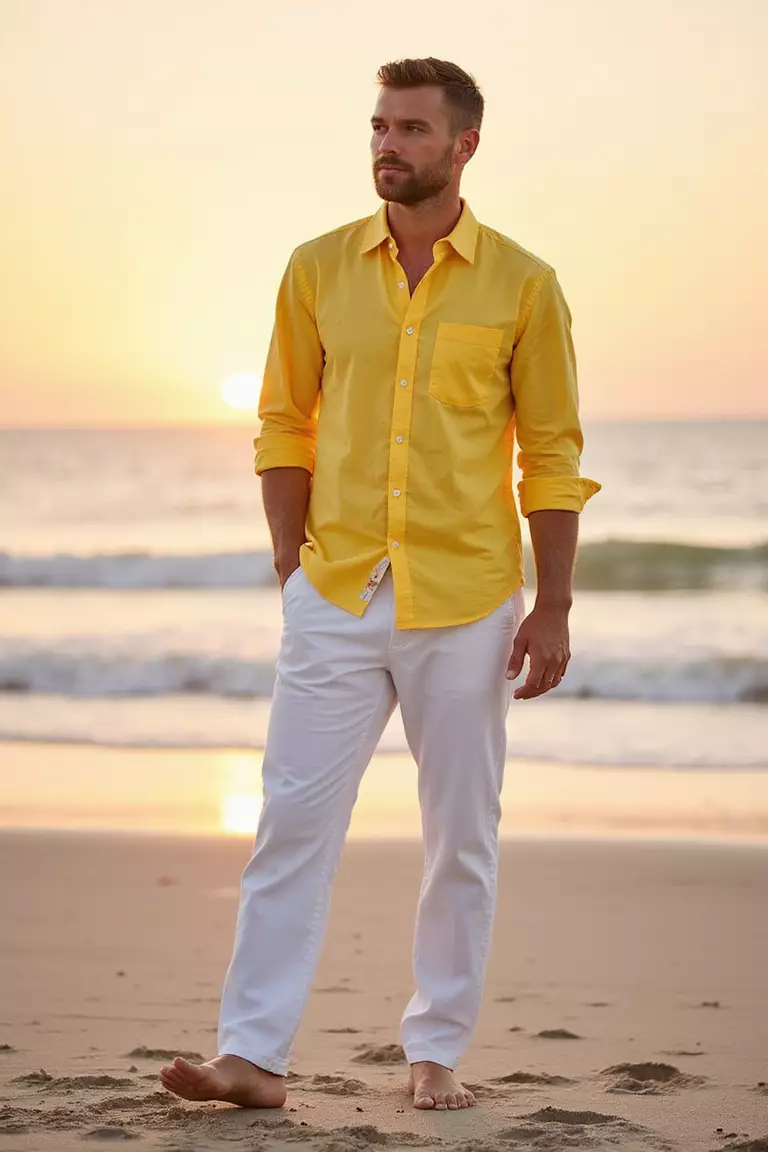 Yellow Linen Shirt, White Trousers A professional photo, similar to a photo in a wedding magazine, of a man wearing a bright yellow linen button-up shirt, tailored white linen trousers, standing barefoot on sandy beach with sunset background.