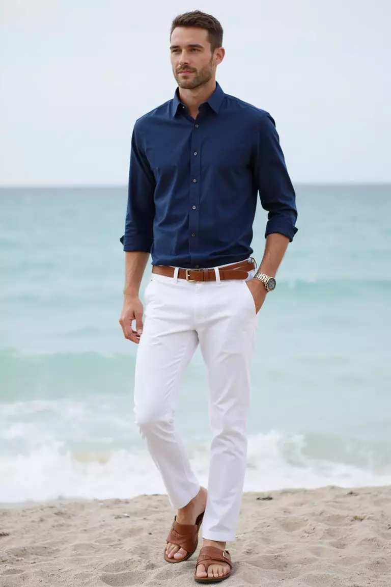 Navy Linen Shirt, White Pants, Brown Sandals, Brown Belt A professional photo, similar to a photo in a wedding magazine, of a man wearing a navy blue linen shirt, crisp white linen pants, leather brown sandals, and matching brown leather belt against ocean backdrop.