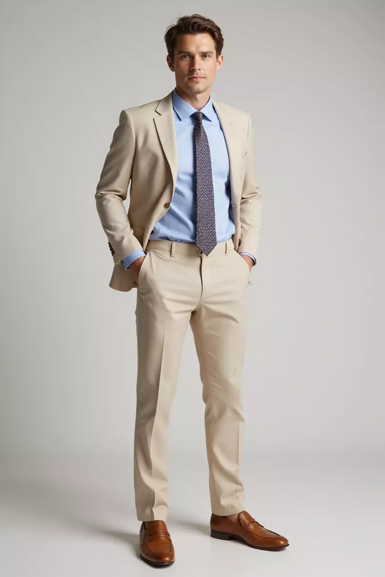 Light Beige Suit, Baby Blue Shirt, Silk Tie, Tan Loafers A professional photo, similar to a photo in a wedding magazine, of a man wearing a light beige suit, baby blue dress shirt, patterned silk tie, and tan penny loafers.