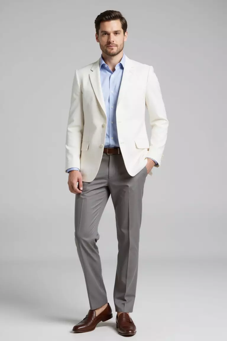 White Blazer, Dove Grey Pants, Blue Dress Shirt, Brown Loafers A professional photo, similar to a photo in a wedding magazine, of a man wearing a white blazer, dove grey tailored pants, light blue dress shirt, and brown penny loafers.