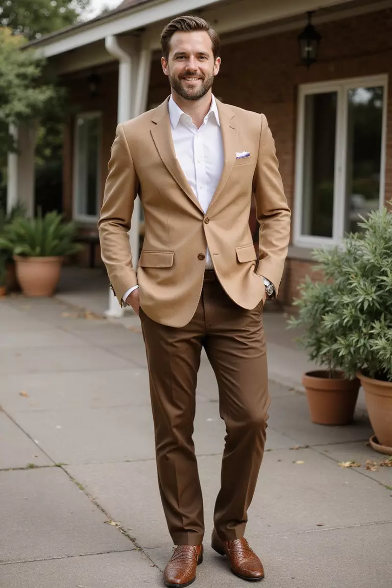 Tan Blazer, White Shirt, Brown Trousers, Woven Leather Loafers A professional photo, similar to a photo in a wedding magazine, of a man wearing a tailored tan blazer, crisp white shirt, rich brown trousers, textured woven leather loafers, standing at a summer wedding reception.
