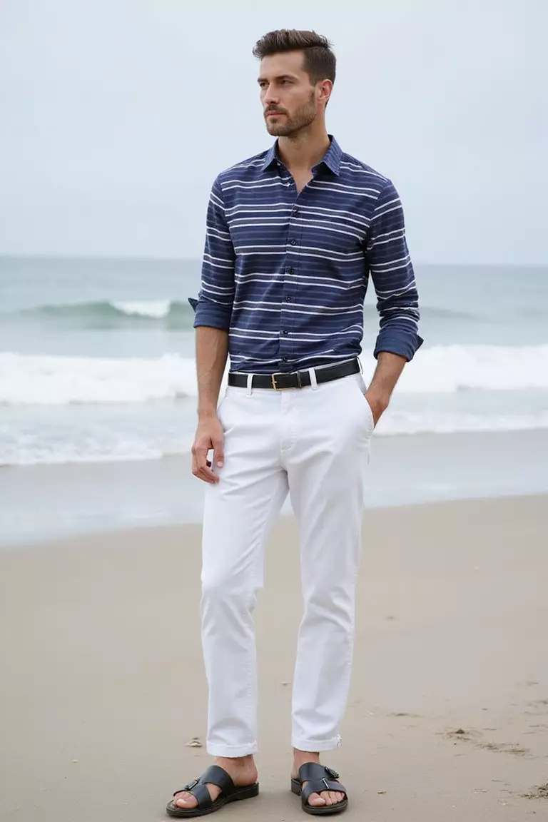 Striped Navy and White Shirt, White Pants, Black Sandals A professional photo, similar to a photo in a wedding magazine, of a man wearing a horizontal navy and white striped shirt, tailored white linen pants, and minimalist black leather sandals near ocean waves.