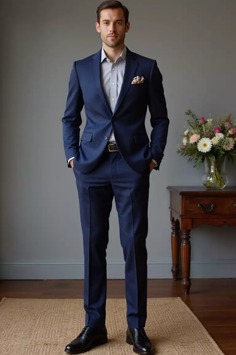 Midnight Blue Suit, Light Grey Shirt, Patterned Pocket Square, Black Oxfords A professional photo, similar to a photo in a wedding magazine, of a man wearing a sophisticated midnight blue suit, light grey dress shirt, colorful patterned pocket square, polished black oxford shoes, near elegant wedding decor.