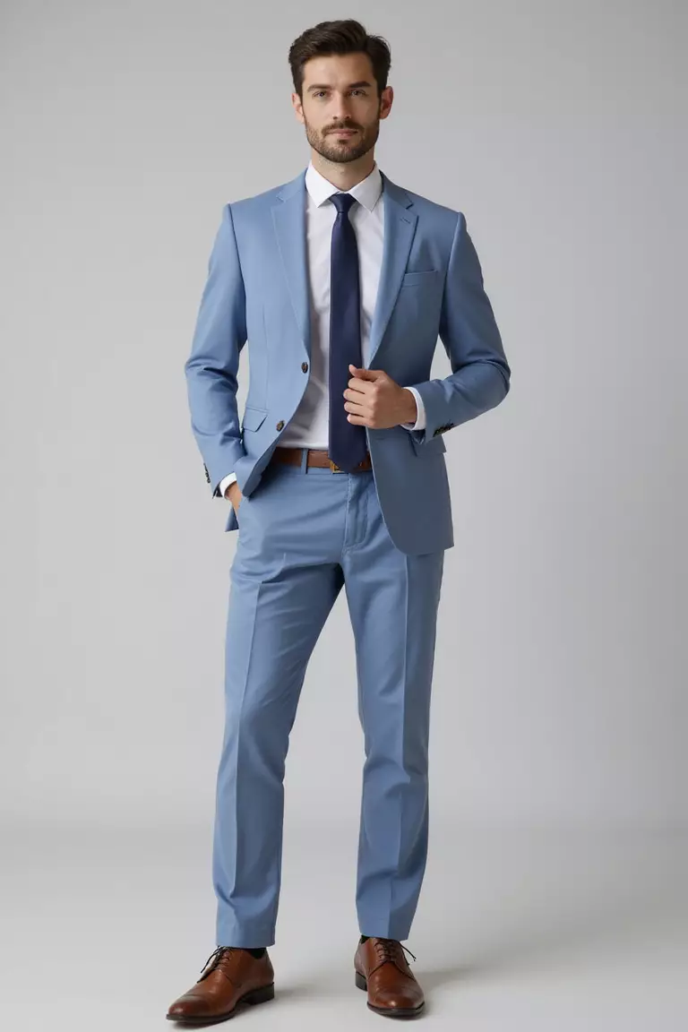 Pastel Blue Suit, White Shirt, Navy Tie, Cognac Leather Shoes A professional photo, similar to a photo in a wedding magazine, of a man wearing a pastel blue suit, white dress shirt, navy silk tie, and rich cognac leather dress shoes.