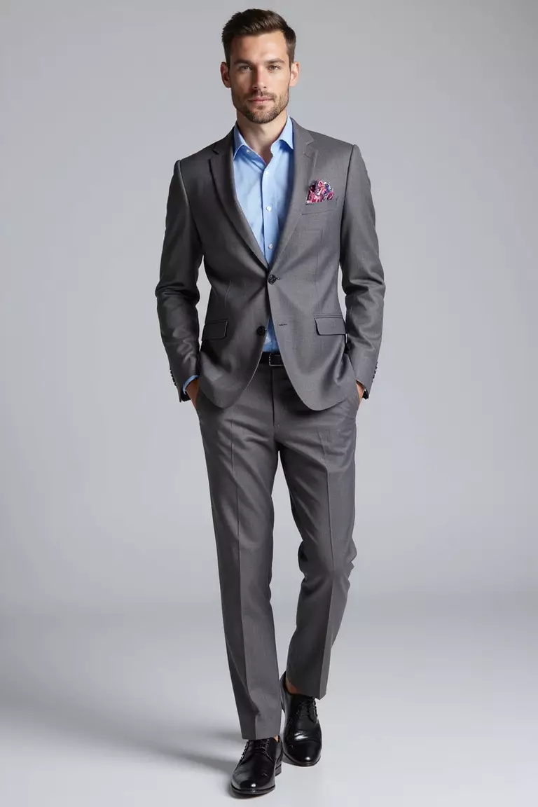Linen Blend Grey Suit, Sky Blue Shirt, Patterned Pocket Square, Black Shoes A professional photo, similar to a photo in a wedding magazine, of a man wearing a textured linen-blend grey suit, sky blue shirt, colorful patterned pocket square, and shiny black dress shoes.
