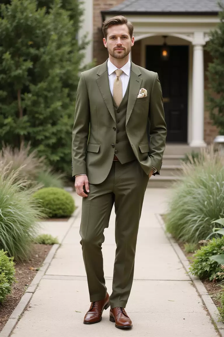 Olive Green Suit, Beige Shirt, Brown Oxfords A professional photo, similar to a photo in a wedding magazine, of a man wearing a tailored olive green suit, light beige dress shirt, polished brown oxford shoes, standing at an outdoor garden wedding venue.