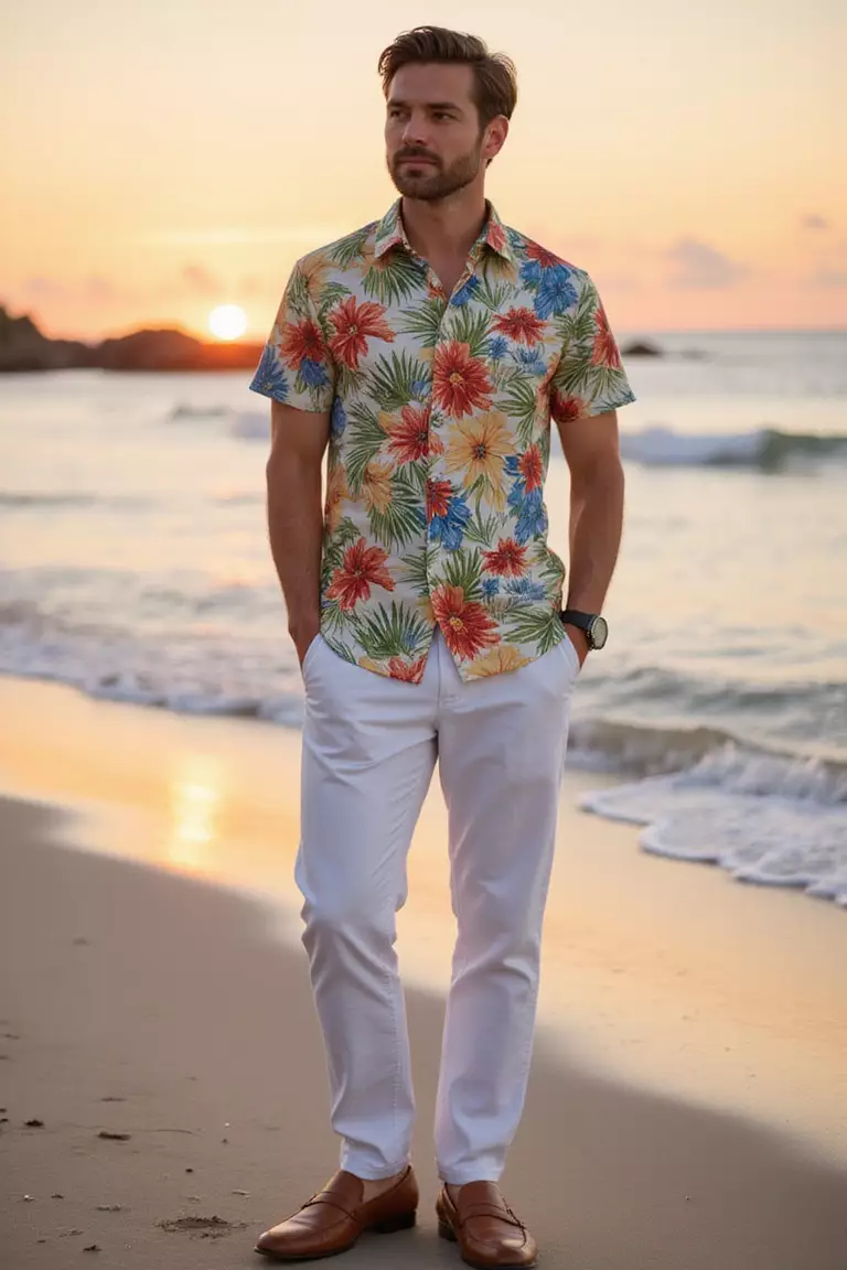 Bold Floral Shirt, White Pants, Amber Shoes A professional photo, similar to a photo in a wedding magazine, of a man wearing a vibrant tropical floral print shirt, crisp white linen pants, and amber leather loafers against beach sunset.