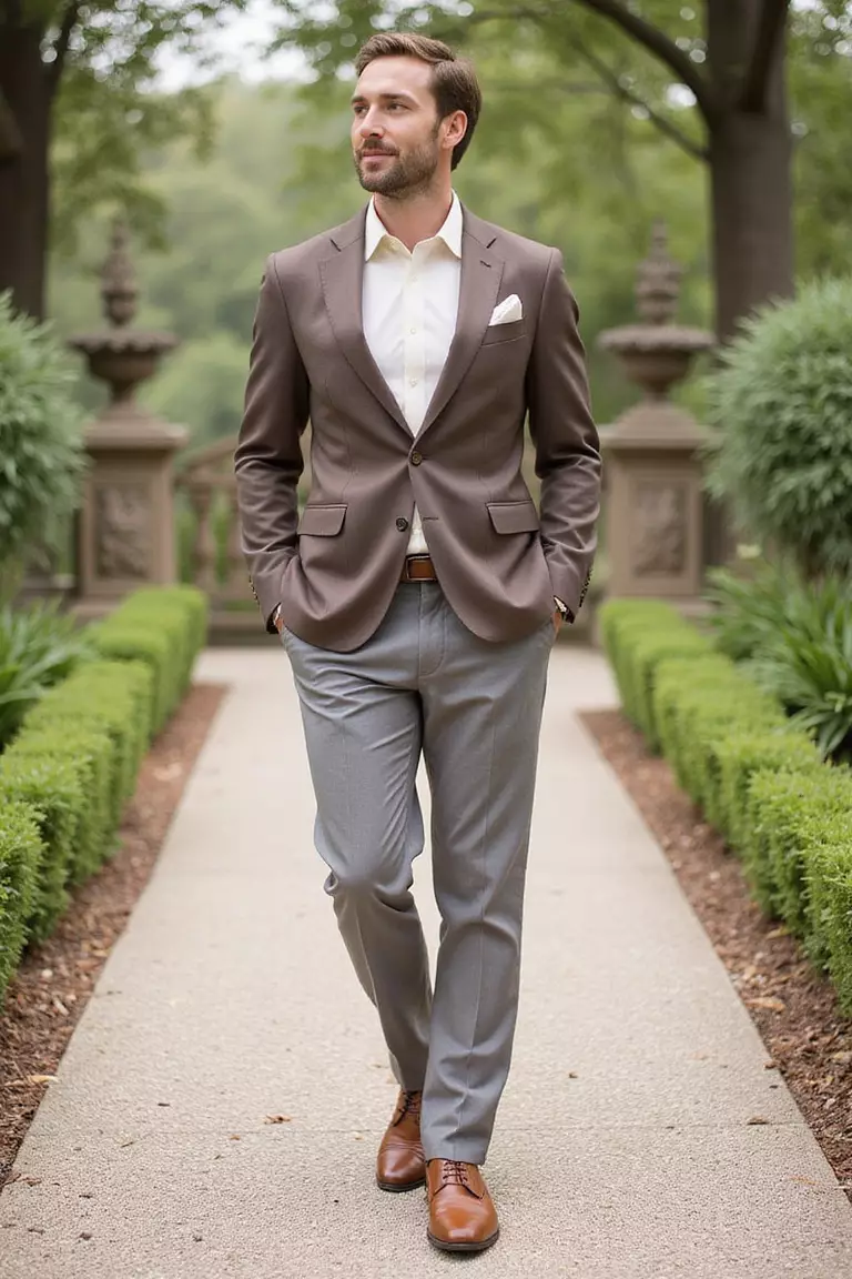 Taupe Blazer, Cream Shirt, Light Grey Trousers, Brown Oxfords A professional photo, similar to a photo in a wedding magazine, of a man wearing a tailored taupe blazer, soft cream dress shirt, light grey wool trousers, polished brown oxford shoes, standing at an elegant outdoor wedding setting.