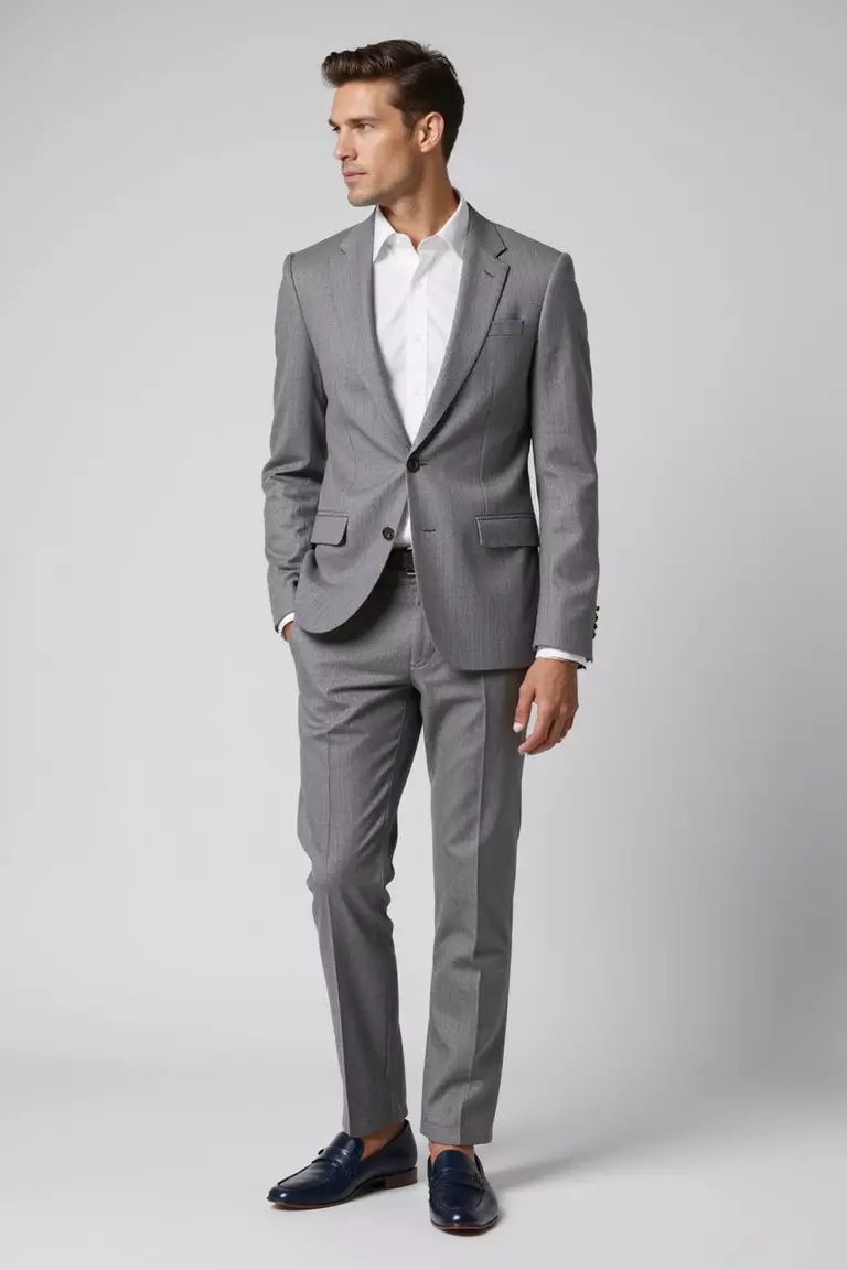 Soft Grey Seersucker Suit, White Shirt, Navy Loafers A professional photo, similar to a photo in a wedding magazine, of a man wearing a textured soft grey seersucker suit, white button-up shirt, and navy blue penny loafers.