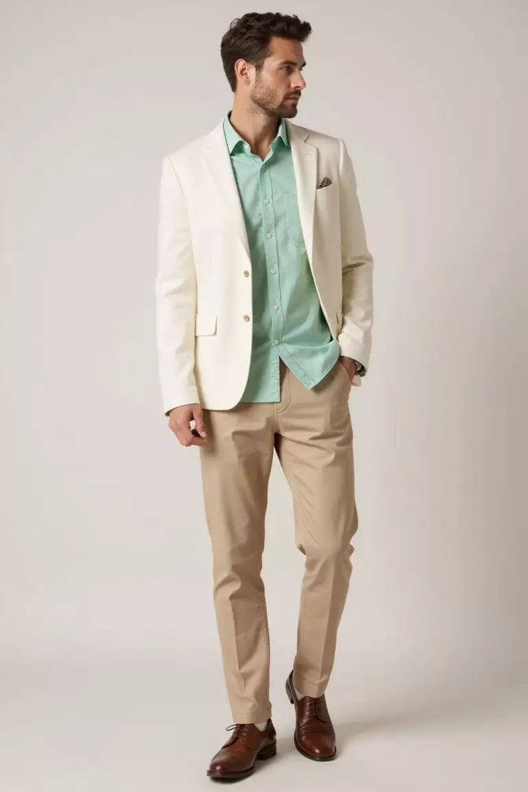 Off-White Blazer, Sand Pants, Mint Shirt, Brown Derbies A professional photo, similar to a photo in a wedding magazine, of a man wearing an off-white blazer, sand-colored linen pants, mint green button-up shirt, and brown derby shoes.