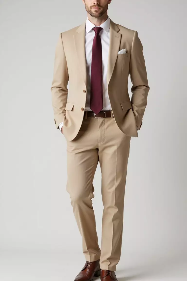 Sand-Colored Suit, White Shirt, Burgundy Tie, Brown Dress Shoes A professional photo, similar to a photo in a wedding magazine, of a man wearing a sand-colored suit, crisp white shirt, deep burgundy silk tie, and polished brown dress shoes.