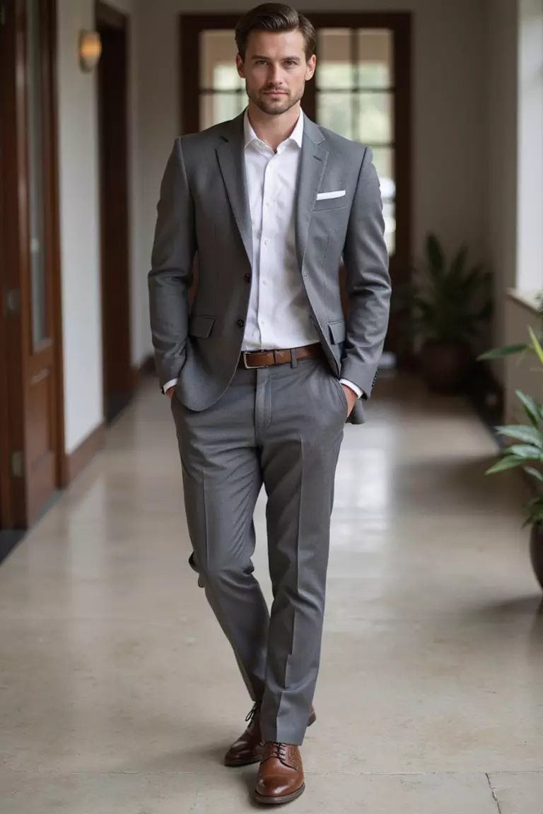 Steel Grey Suit, White Shirt, Brown Brogues A professional photo, similar to a photo in a wedding magazine, of a man wearing a fitted steel grey suit, crisp white shirt, no tie, polished brown brogue shoes, standing confidently at a modern wedding venue.