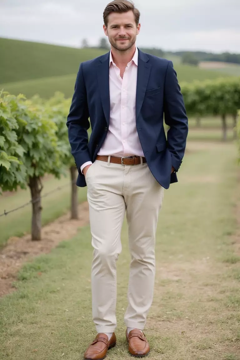 A professional photo, similar to a photo in a wedding magazine, of a man wearing a tailored navy blazer, soft pale pink shirt, light stone-colored trousers, burnished brown penny loafers, at a vineyard wedding setting.