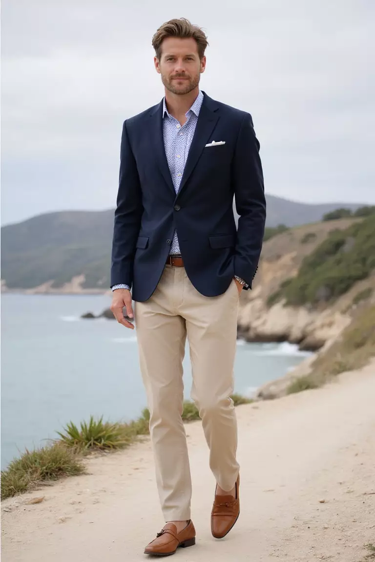 Dark Navy Blazer, Patterned Shirt, Sand Trousers, Tan Loafers A professional photo, similar to a photo in a wedding magazine, of a man wearing a tailored dark navy blazer, subtle patterned dress shirt, light sand-colored trousers, tan leather loafers, at a coastal wedding venue.