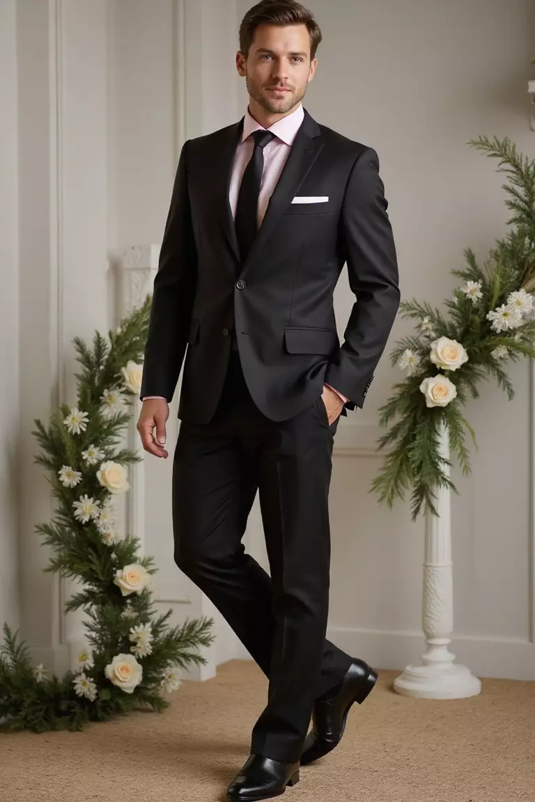 Classic Black Suit, Light Pink Shirt, Black Tie, Black Dress Shoes A professional photo, similar to a photo in a wedding magazine, of a man wearing a perfectly tailored black suit, light pink dress shirt, thin black tie, polished black dress shoes, standing near formal wedding decorations.