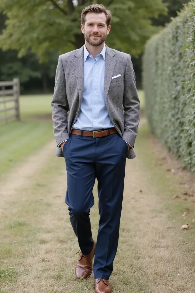 Muted Plaid Blazer, Blue Shirt, Navy Trousers, Brown Derbies A professional photo, similar to a photo in a wedding magazine, of a man wearing a subtle plaid blazer in muted tones, light blue dress shirt, tailored navy trousers, polished brown derby shoes, at a country wedding setting.