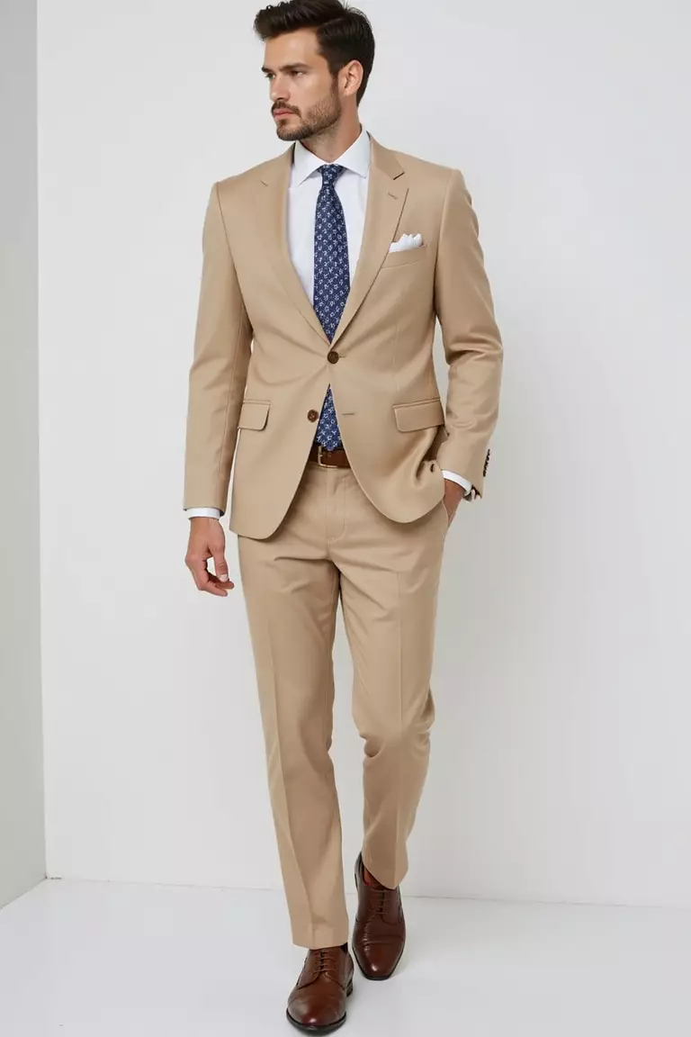 Light Tan Suit, White Shirt, Patterned Tie, Brown Oxfords A professional photo, similar to a photo in a wedding magazine, of a man wearing a light tan suit, crisp white shirt, blue and white patterned tie, and polished brown oxford shoes.