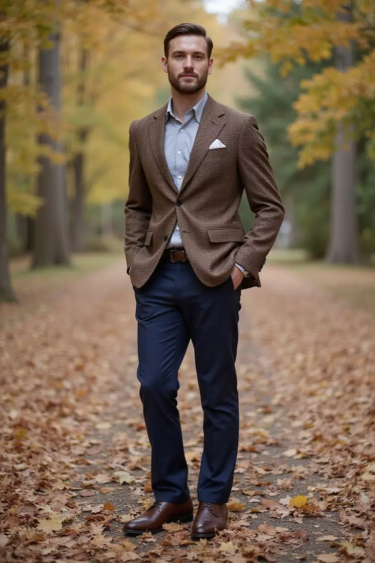 Brown Checked Blazer, Light Grey Shirt, Navy Trousers, Dark Brown Shoes A professional photo, similar to a photo in a wedding magazine, of a man wearing a textured brown checked blazer, light grey dress shirt, tailored navy trousers, polished dark brown leather shoes, at a fall wedding setting.