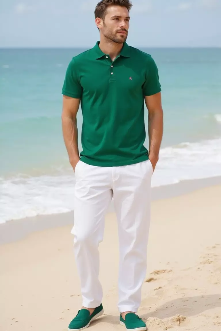 Green Polo Shirt, White Linen Pants, Green Slipons A professional photo, similar to a photo in a wedding magazine, of a man wearing a emerald green polo shirt, relaxed white linen pants, and matching green canvas slip-on shoes walking on sandy beach.