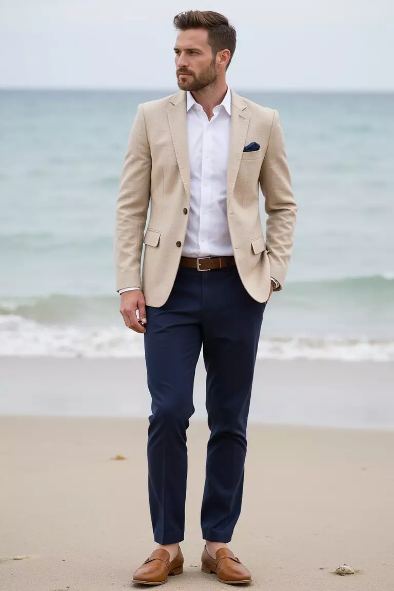 Beige Linen Blazer, White Shirt, Navy Trousers, Tan Loafers A professional photo, similar to a photo in a wedding magazine, of a man wearing a textured beige linen blazer, crisp white shirt, tailored navy trousers, tan leather loafers, standing on a beach wedding setting.