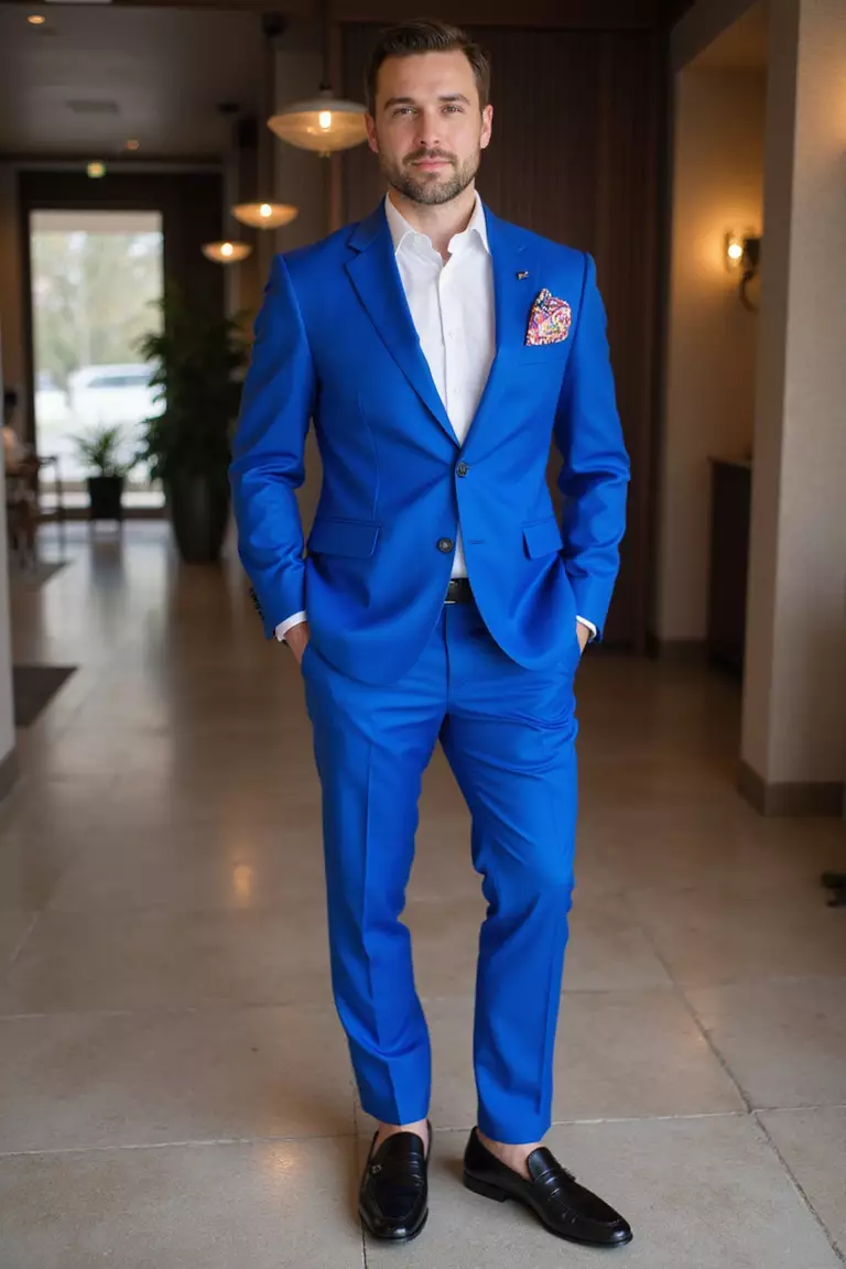 Cobalt Blue Suit, White Shirt, Printed Pocket Square, Black Loafers A professional photo, similar to a photo in a wedding magazine, of a man wearing a vibrant cobalt blue suit, crisp white shirt, colorful printed pocket square, sleek black penny loafers, at a modern wedding venue.