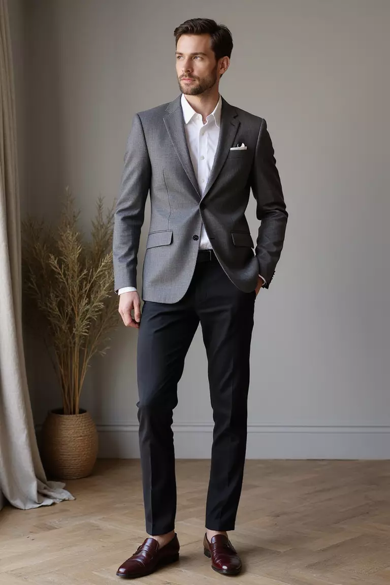 Slate Grey Blazer, White Shirt, Black Pants, Oxblood Loafers A professional photo, similar to a photo in a wedding magazine, of a man wearing a sharp slate grey blazer, crisp white shirt, tailored black dress pants, rich oxblood penny loafers, standing near modern wedding decor.