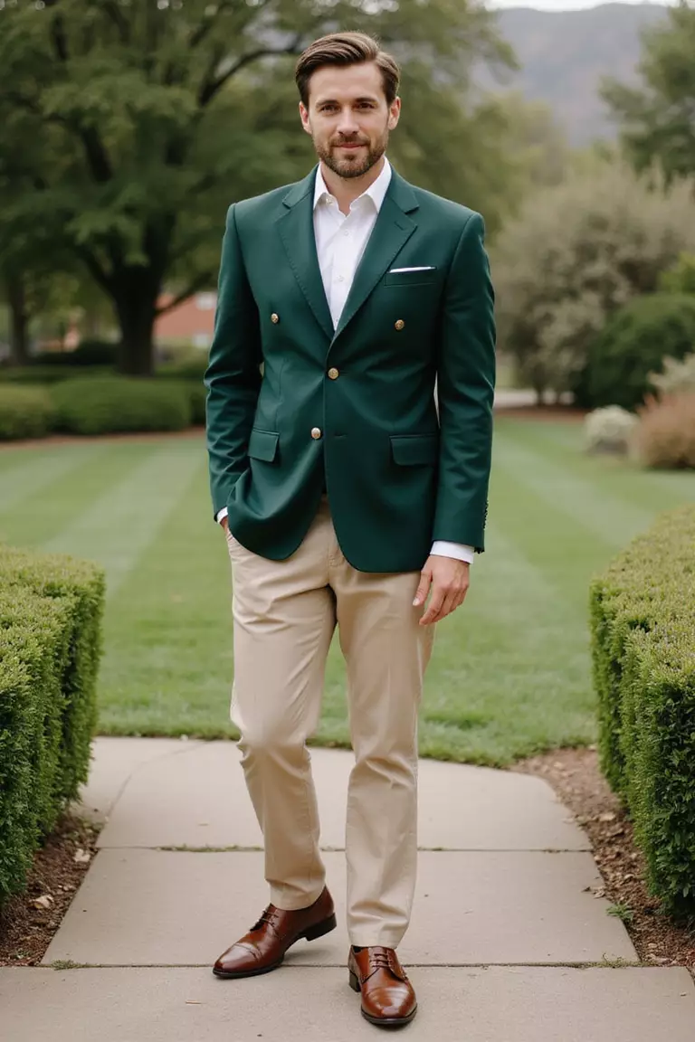 Dark Green Blazer, White Shirt, Beige Pants, Brown Double Monks A professional photo, similar to a photo in a wedding magazine, of a man wearing a rich dark green blazer, crisp white shirt, tailored beige pants, polished brown double monk strap shoes, standing in a garden wedding setting.