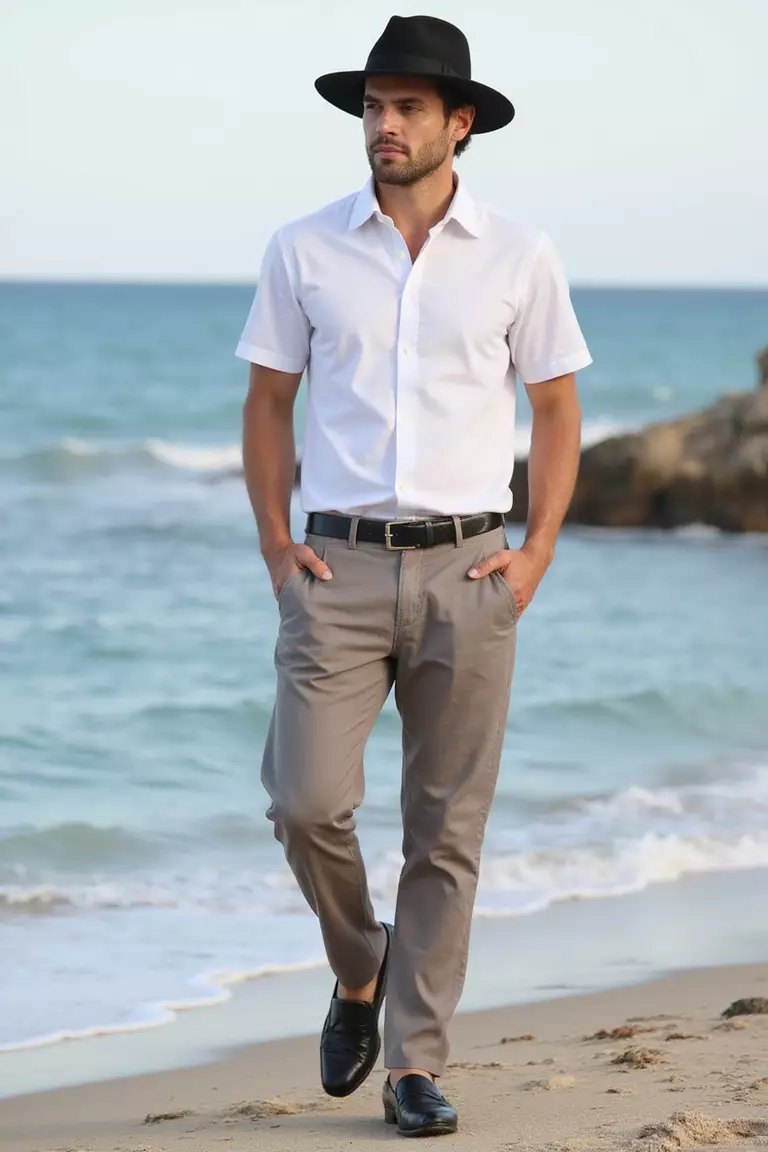 White Short-Sleeve Shirt, Neutral Pants, Black Loafers, Black Hat A professional photo, similar to a photo in a wedding magazine, of a man wearing a structured white short-sleeve button-up, taupe linen pants, sleek black loafers, and black Panama hat near ocean.