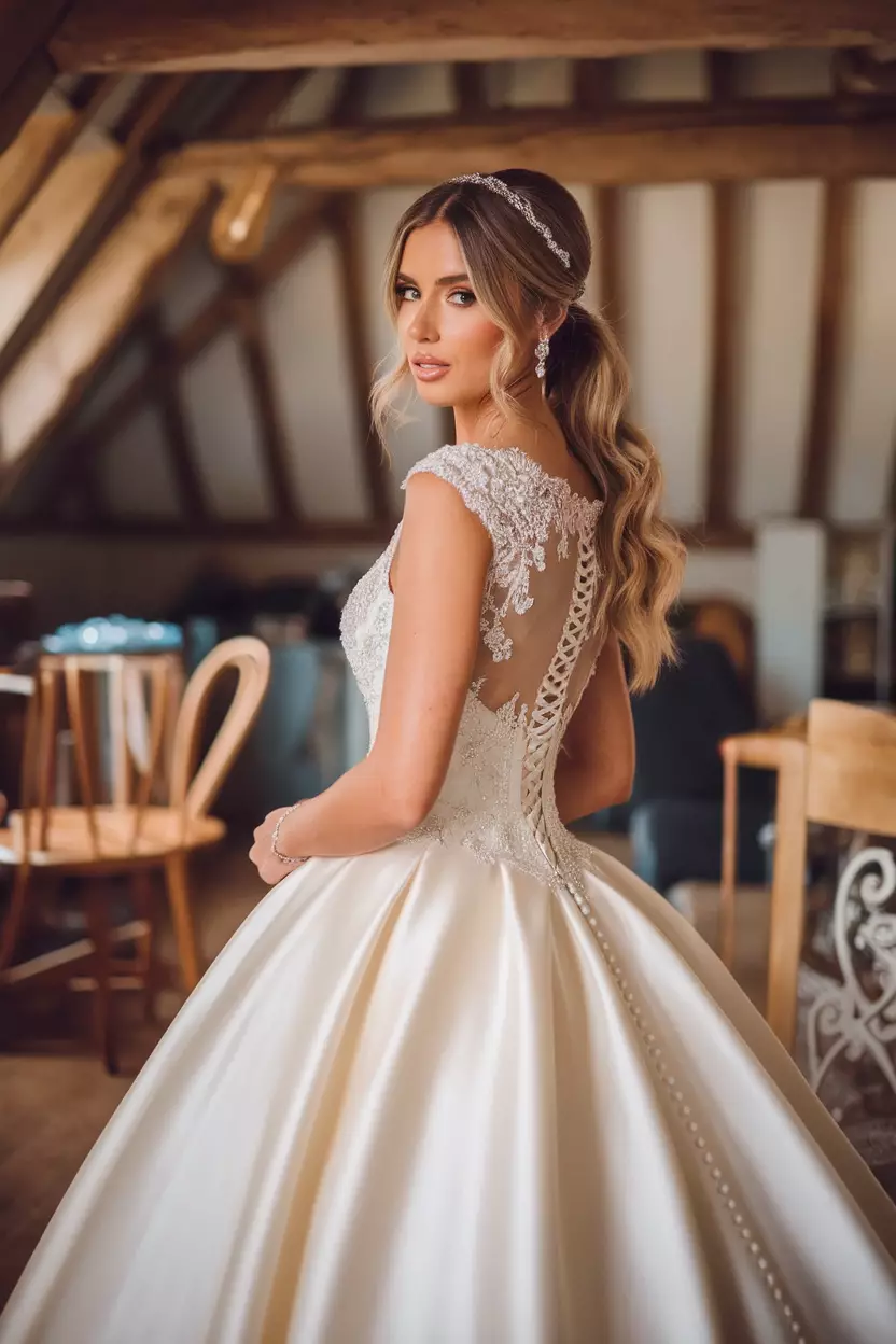 A beautiful bride in a satin ball gown wedding dress with a sheer lace back.