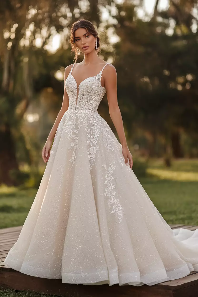 A beautiful bride in a glitter tulle and beaded lace ivory wedding dress.