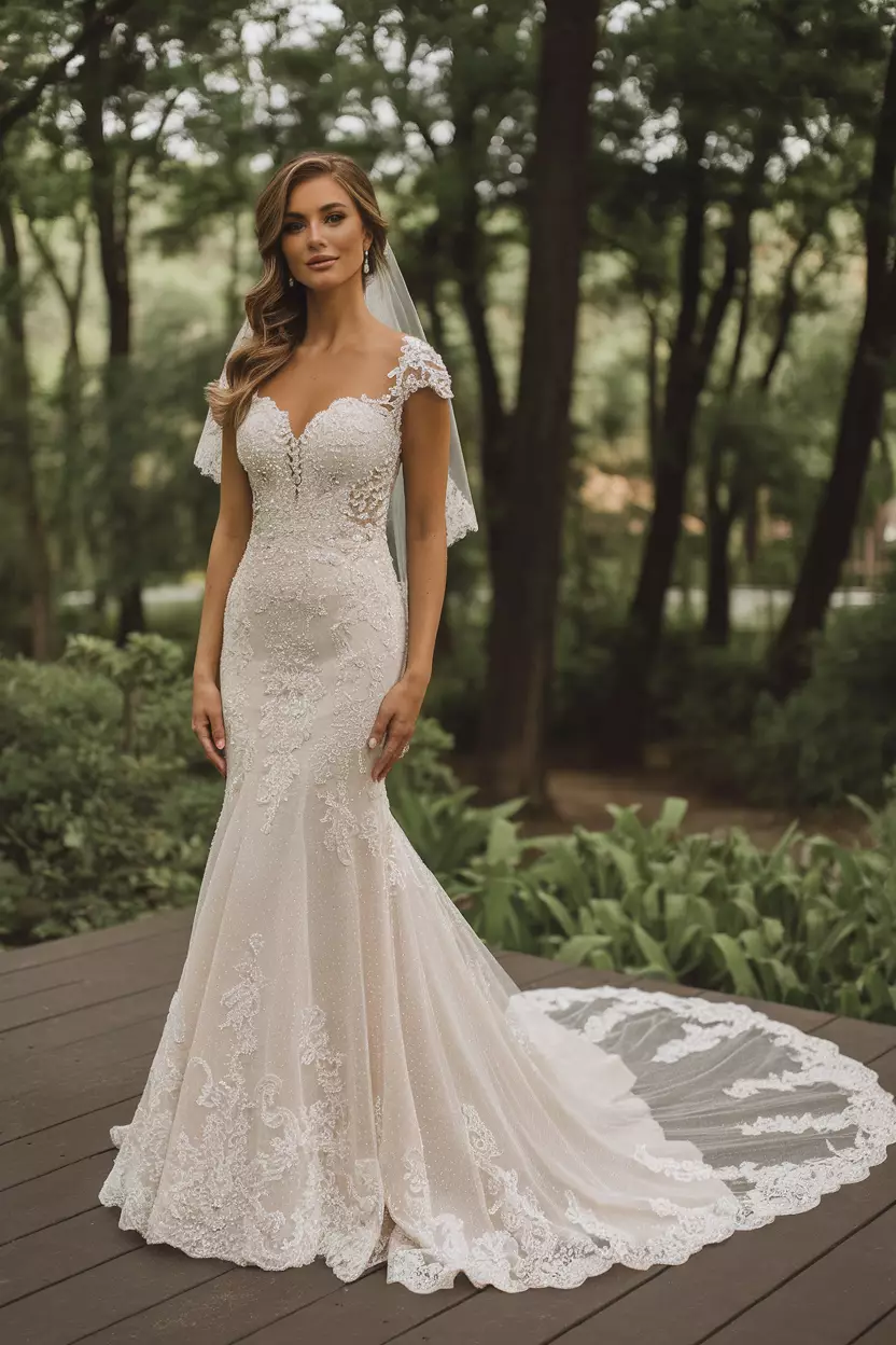 A beautiful bride in a lace fit-and-flare wedding dress with a sheer train.