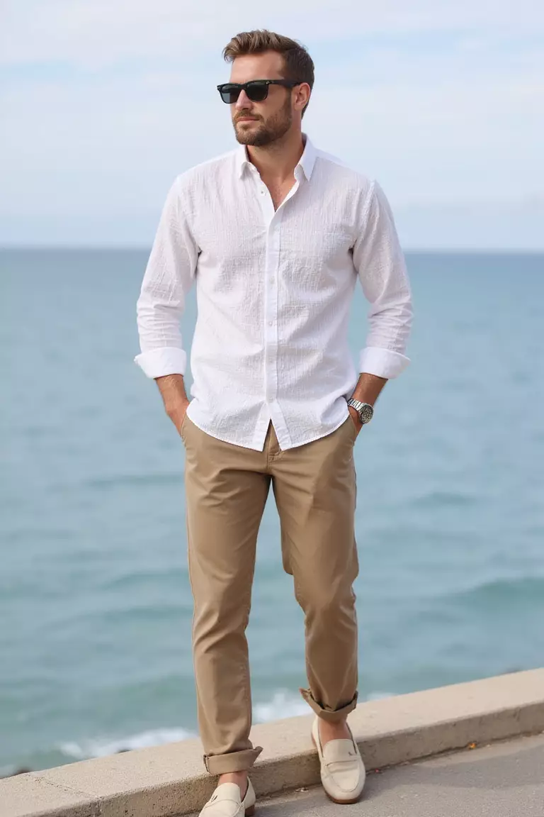 White Linen Shirt, Neutral Pants, Creamy Loafers, Sunglasses A professional photo, similar to a photo in a wedding magazine, of a man wearing a textured white linen shirt, tan lightweight pants, cream-colored loafers, and designer sunglasses by seaside setting.