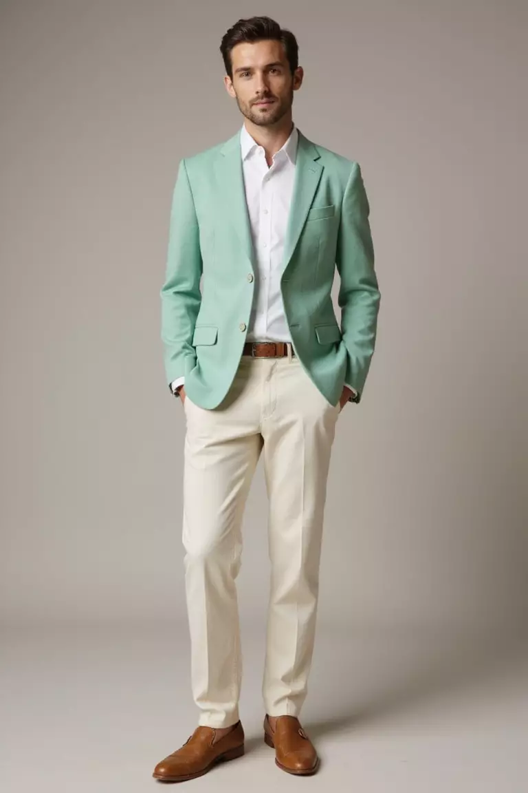 Mint Green Blazer, Cream Trousers, White Shirt, Tan Slip-Ons A professional photo, similar to a photo in a wedding magazine, of a man wearing a mint green blazer, cream linen trousers, white dress shirt, and tan leather slip-on shoes.