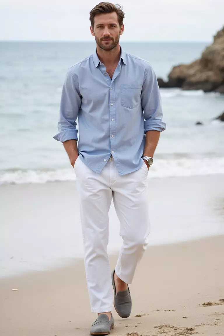Pale Blue Linen Shirt, White Linen Pants, Grey Loafers A professional photo, similar to a photo in a wedding magazine, of a man wearing a pale blue linen button-up shirt, white linen trousers, and grey suede loafers walking along shoreline.