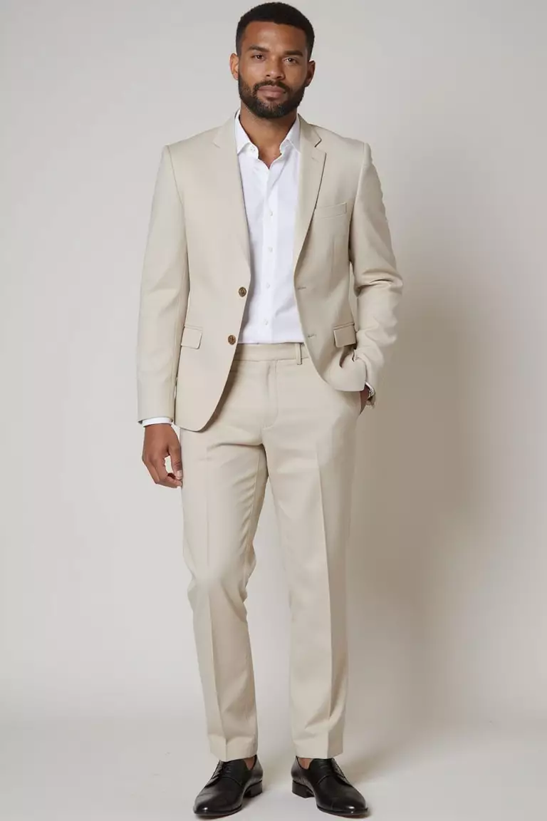Pale Stone Suit, Crisp White Shirt, Black Dress Shoes A professional photo, similar to a photo in a wedding magazine, of a man wearing a pale stone-colored suit, pristine white button-up shirt, and polished black leather dress shoes.