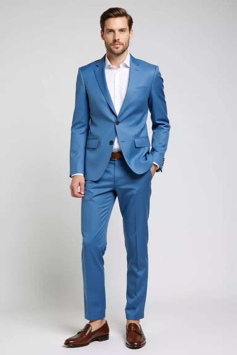 Sky Blue Suit, White Dress Shirt, No Tie, Brown Loafers A professional photo, similar to a photo in a wedding magazine, of a man wearing a sky blue suit with an open-collar white dress shirt and brown penny loafers.