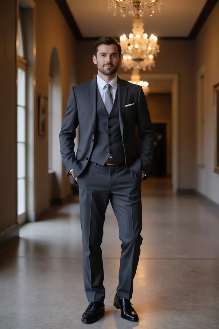 Charcoal Three-Piece Suit, Light Grey Shirt, No Tie, Black Oxfords A professional photo, similar to a photo in a wedding magazine, of a man wearing a perfectly tailored charcoal three-piece suit, light grey dress shirt, no tie, polished black oxford shoes, standing confidently at a formal wedding venue.