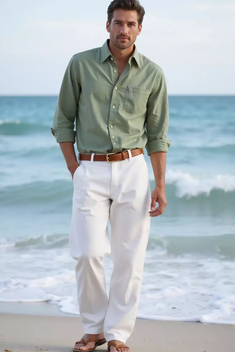 Green Linen Shirt, White Linen Pants, Rope Belt A professional photo, similar to a photo in a wedding magazine, of a man wearing a sage green linen shirt, flowing white linen pants, nautical-inspired rope belt standing near ocean waves.