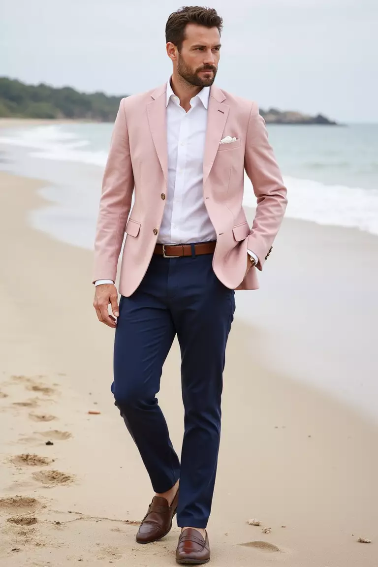 White Shirt, Pink Blazer, Navy Pants, Brown Loafers A professional photo, similar to a photo in a wedding magazine, of a man wearing a tailored white dress shirt, light pink linen blazer, navy blue dress pants, and brown penny loafers on sandy beach.
