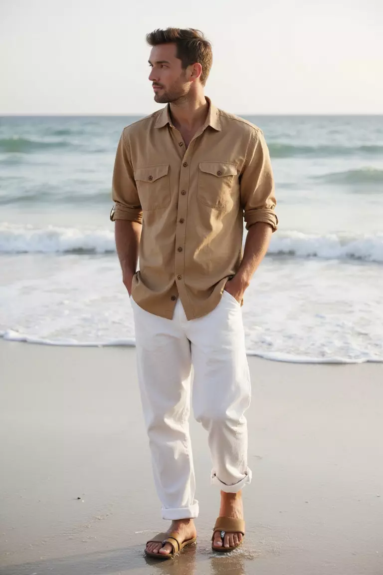 Tan Shirt, White Cuffed Pants, Tan Birkenstocks A professional photo, similar to a photo in a wedding magazine, of a man wearing a relaxed tan linen shirt, white cuffed linen pants, and matching tan Birkenstocks walking along beach with gentle waves.