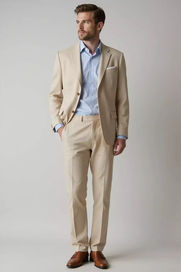 Beige Linen Suit, Pale Blue Shirt, Brown Loafers A professional photo, similar to a photo in a wedding magazine, of a man wearing a relaxed beige linen suit, pale blue button-up shirt, no tie, and brown penny loafers.
