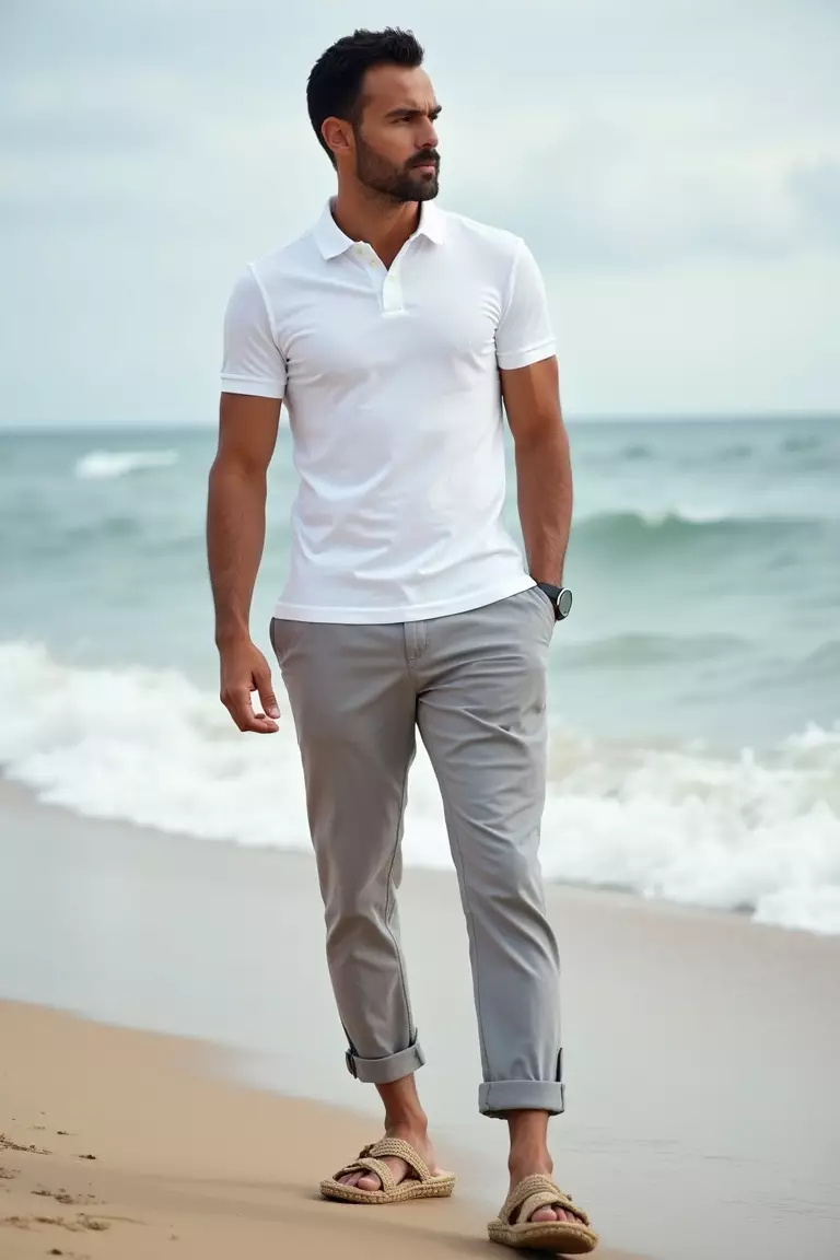 White Polo Shirt, Grey Linen Pants, Rope Sandals A professional photo, similar to a photo in a wedding magazine, of a man wearing a fitted white polo shirt, light grey linen pants, and woven rope sandals standing on beach with waves breaking.