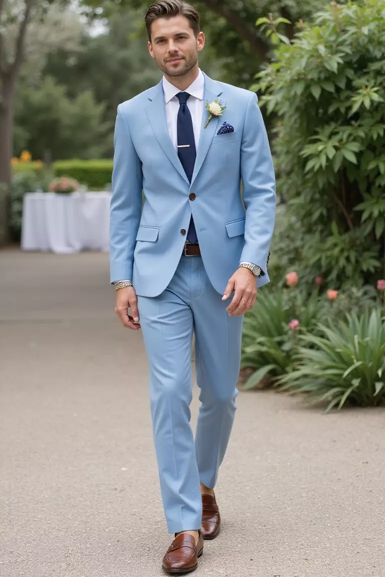 Light Blue Suit, White Shirt, Navy Tie, Brown Loafers A professional photo, similar to a photo in a wedding magazine, of a man wearing a tailored light blue suit, crisp white shirt, navy silk tie, polished brown penny loafers, standing at a summer wedding venue.