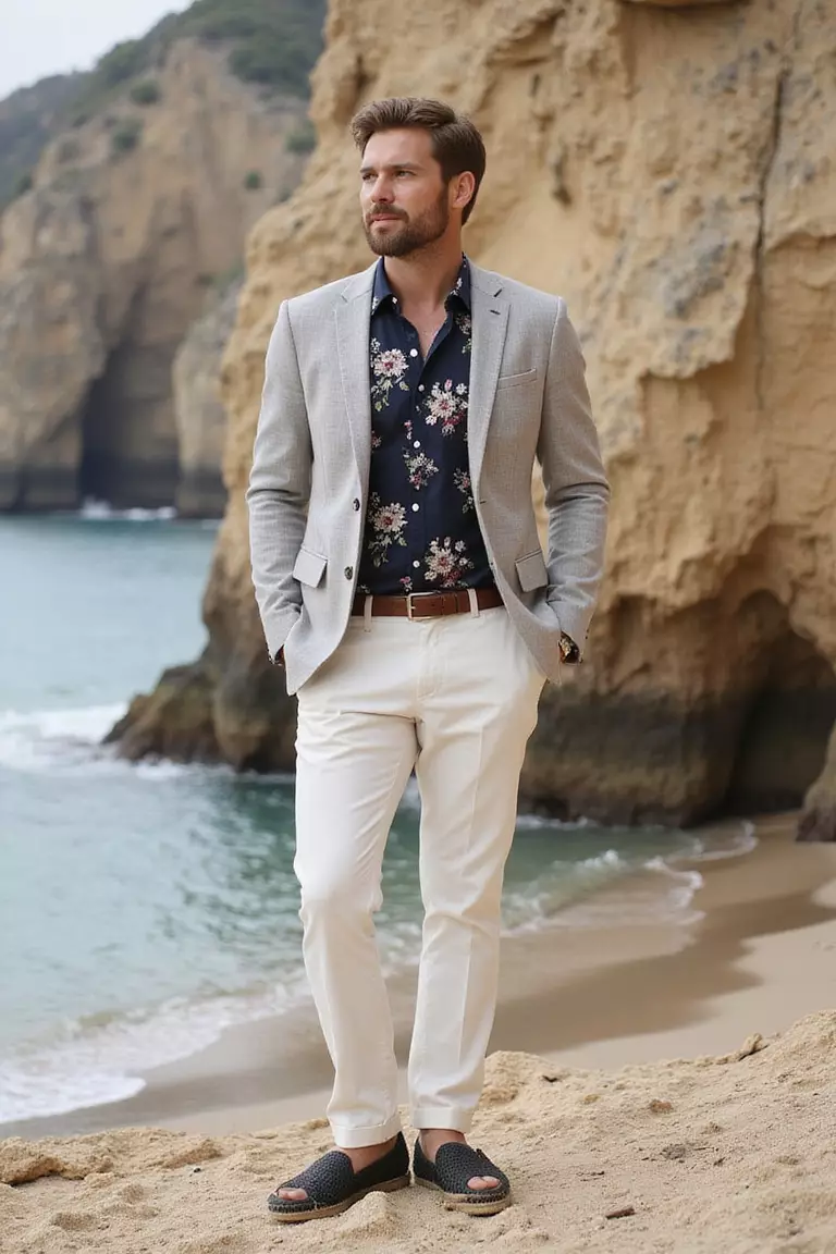 Moody Floral Shirt, Creamy Suit, Black Espadrilles A professional photo, similar to a photo in a wedding magazine, of a man wearing a dark floral print shirt, off-white linen suit, and black woven espadrilles against dramatic beach cliffside.