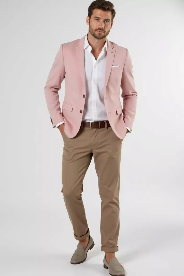 Blush Pink Blazer, White Shirt, Khaki Pants, Nude Loafers A professional photo, similar to a photo in a wedding magazine, of a man wearing a blush pink blazer, crisp white shirt, tailored khaki pants, and nude leather loafers.